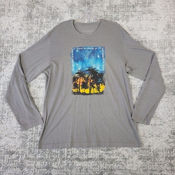 Life Is Good Shirt Mens Large Gray Long Sleeve Cool Tee Universe Vast Beach - Picture 1 of 8